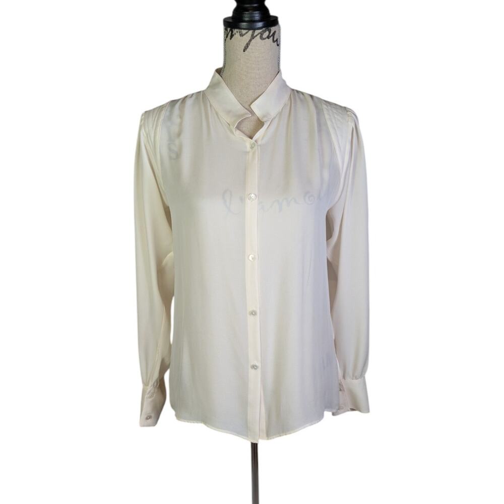 Nili Lotan Ivory 100% Silk Button Front Pleated Shoulder Blouse